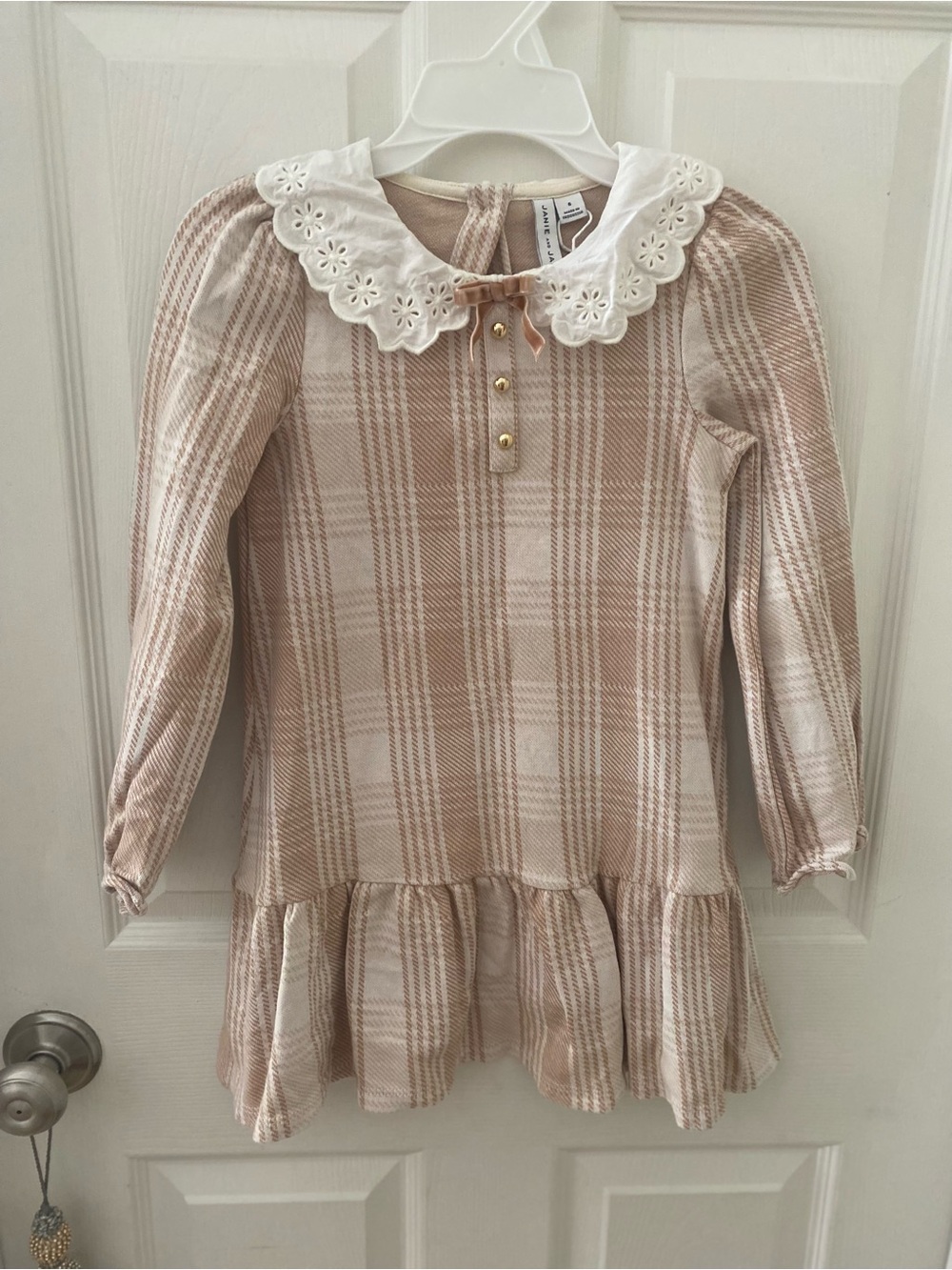Girls Janie & Jack Tartan Cream/ Beige Plaid Dress with White Eyelet Collar Sz 6